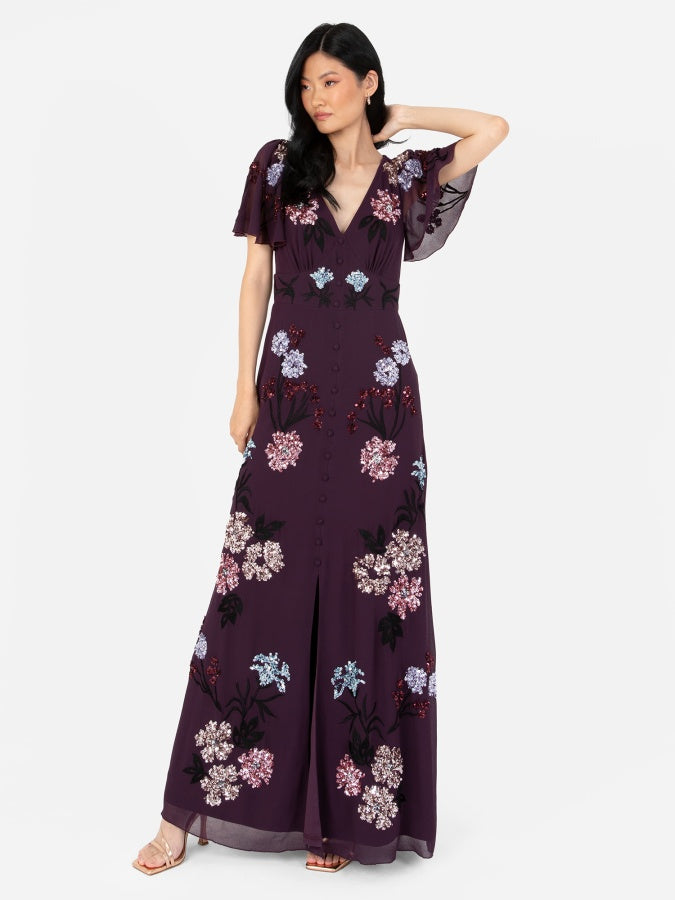 Maya Berry Embellished Flutter Sleeve Maxi Tea Dress