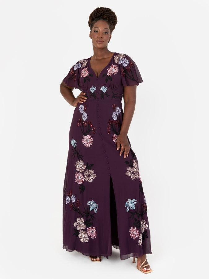 Maya Berry Embellished Flutter Sleeve Maxi Tea Dress