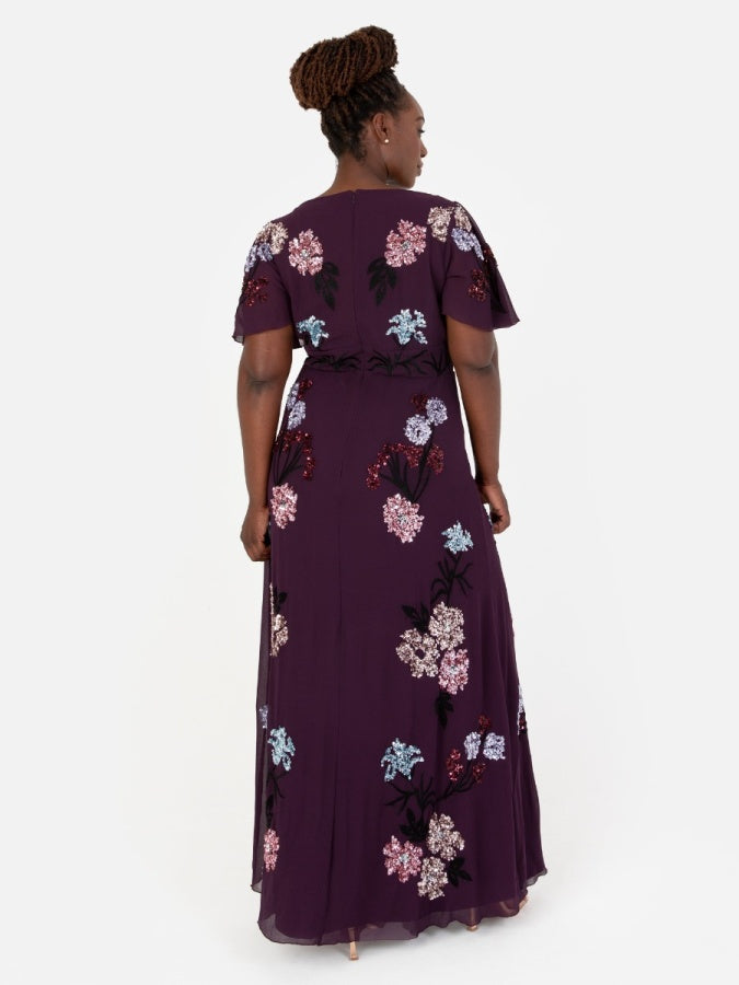 Maya Berry Embellished Flutter Sleeve Maxi Tea Dress