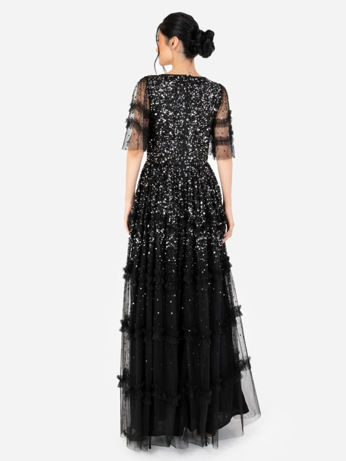 Maya Black Fully Embellished Short Sleeve Maxi Dress