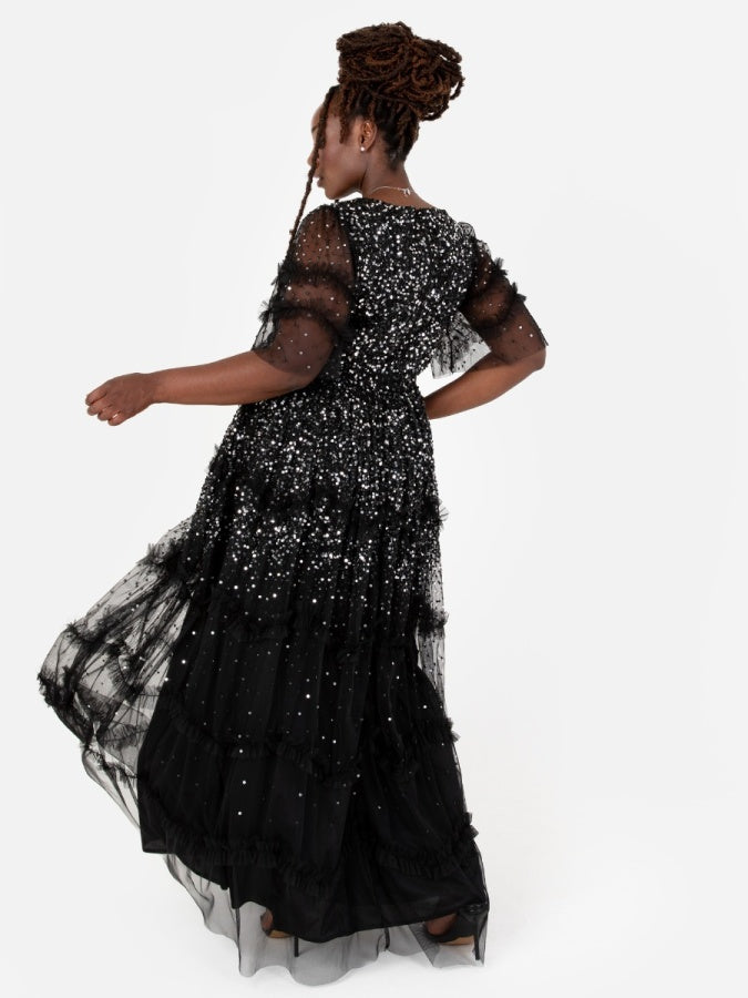 Maya Black Fully Embellished Short Sleeve Maxi Dress