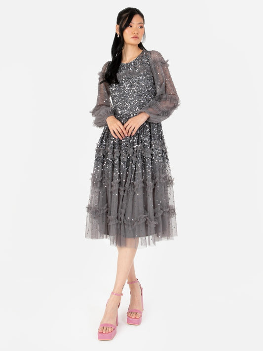 Maya Charcoal Fully Embellished Long Sleeve Midi Dress with Frill Detail