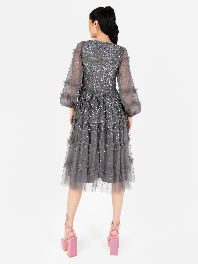 Maya Charcoal Fully Embellished Long Sleeve Midi Dress with Frill Detail