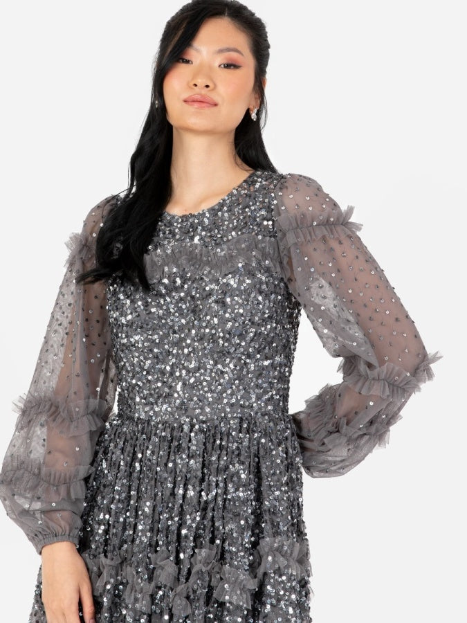 Maya Charcoal Fully Embellished Long Sleeve Midi Dress with Frill Detail
