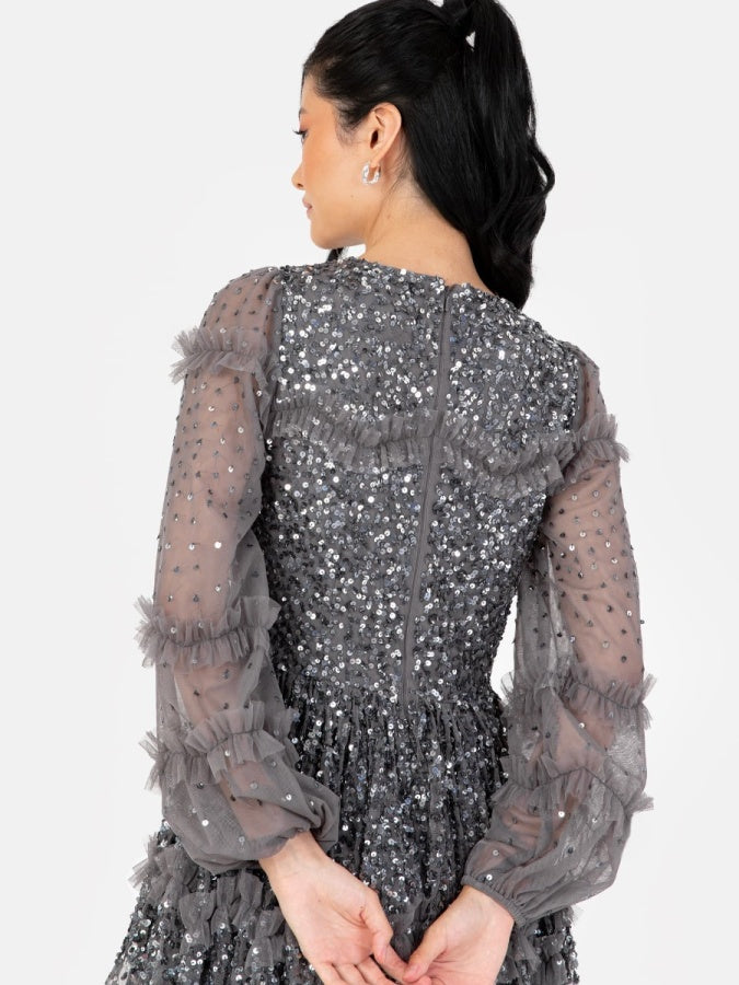Maya Charcoal Fully Embellished Long Sleeve Midi Dress with Frill Detail