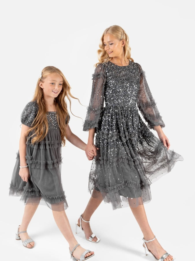 Maya Charcoal Fully Embellished Long Sleeve Midi Dress with Frill Detail