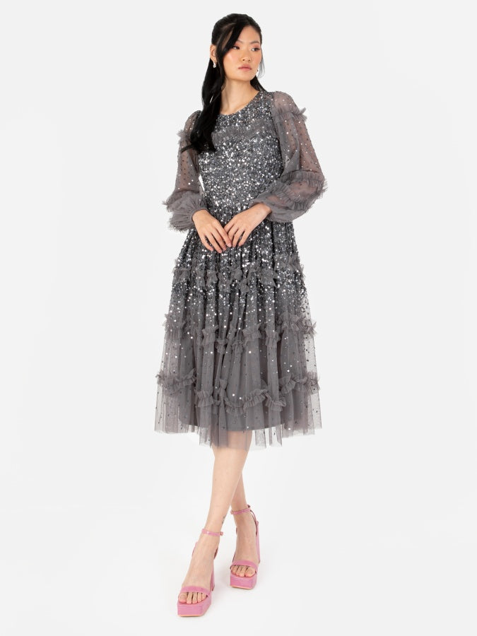 Maya Charcoal Fully Embellished Long Sleeve Midi Dress with Frill Detail