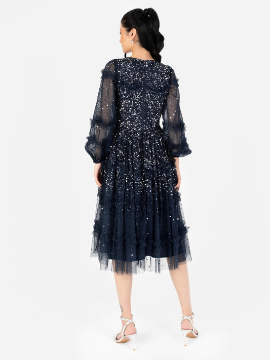 Maya Navy Fully Embellished Long Sleeve Midi Dress with Frill Detail