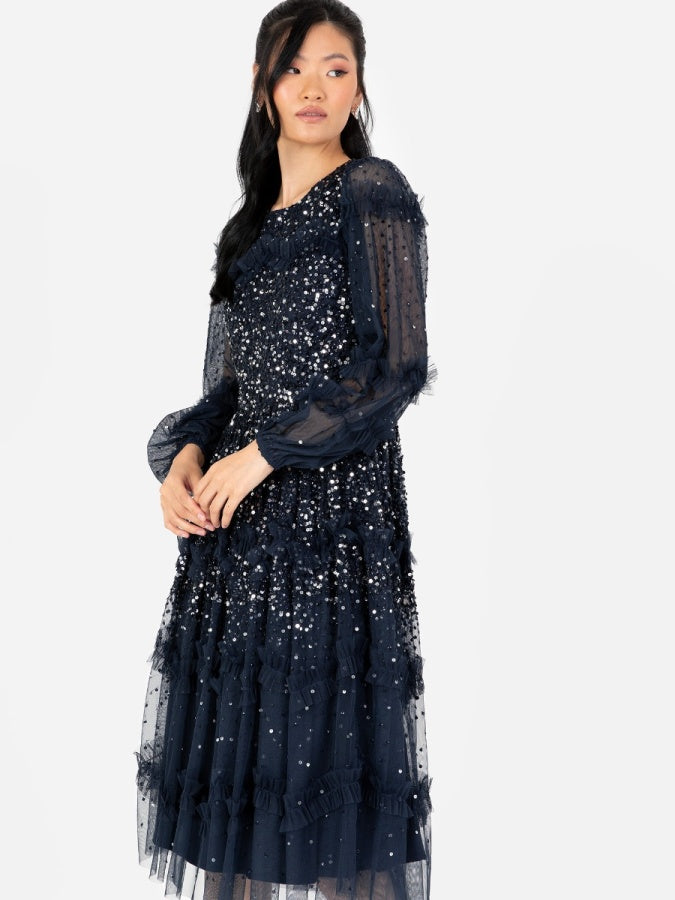 Maya Navy Fully Embellished Long Sleeve Midi Dress with Frill Detail