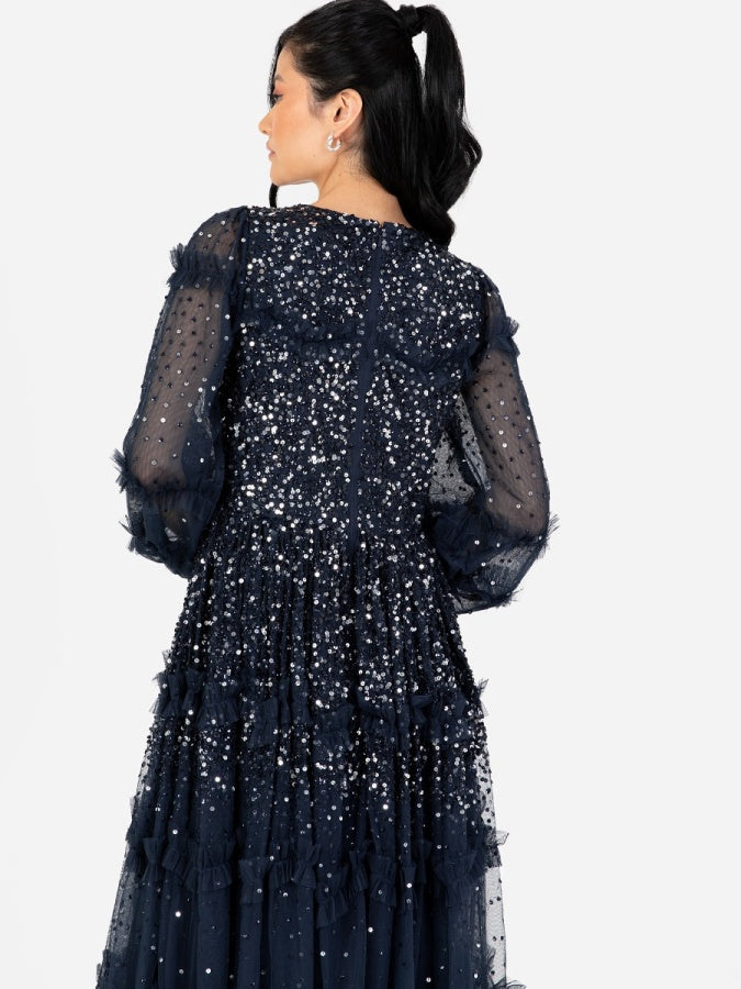 Maya Navy Fully Embellished Long Sleeve Midi Dress with Frill Detail