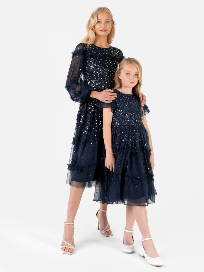 Maya Navy Fully Embellished Long Sleeve Midi Dress with Frill Detail