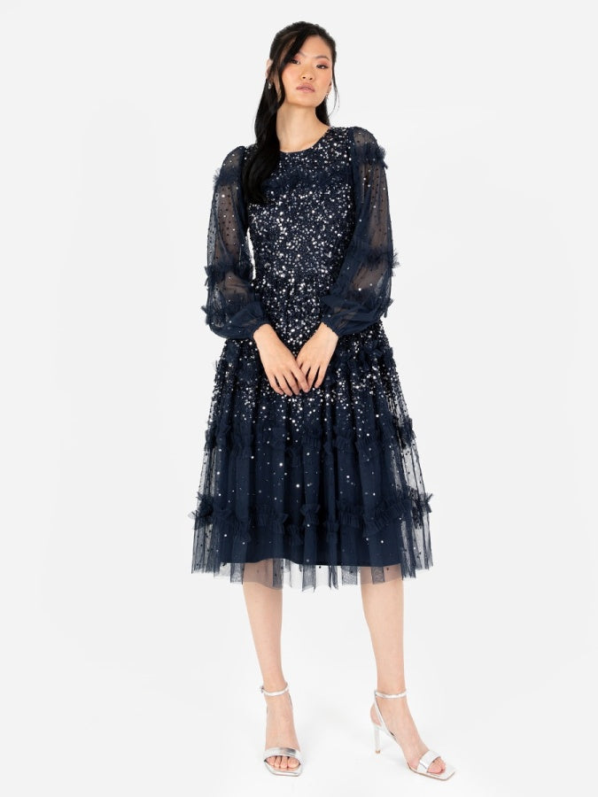Maya Navy Fully Embellished Long Sleeve Midi Dress with Frill Detail