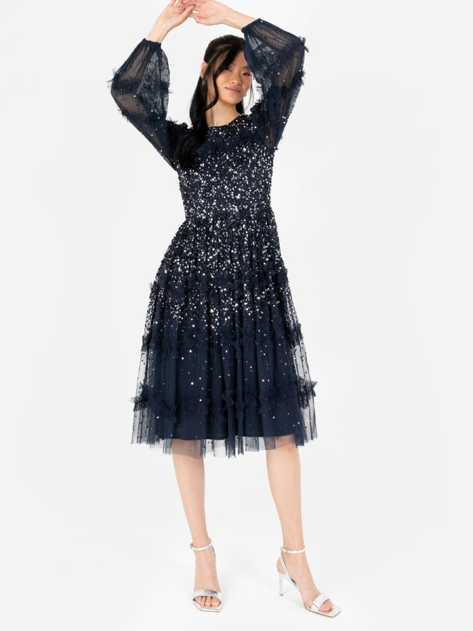 Maya Navy Fully Embellished Long Sleeve Midi Dress with Frill Detail