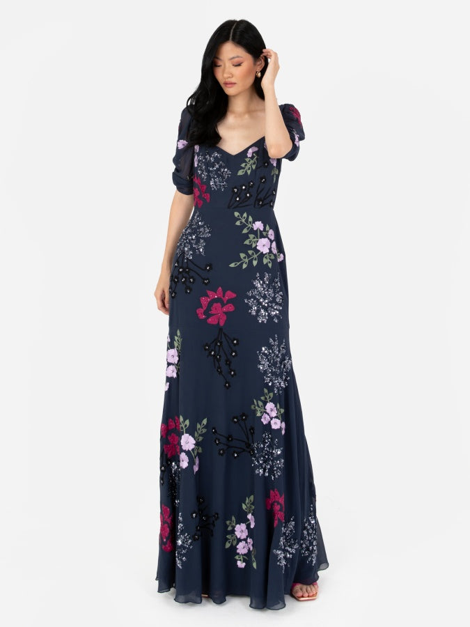 Maya Navy Embellished Sweetheart Neckline Maxi Dress