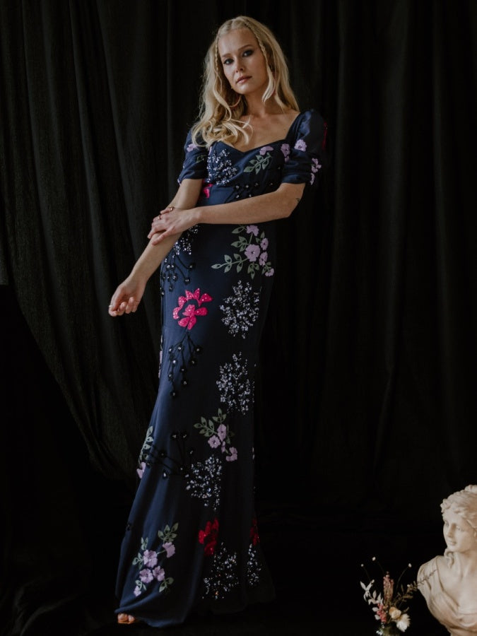 Maya Navy Embellished Sweetheart Neckline Maxi Dress