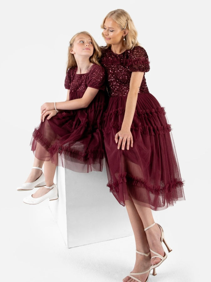 Mini Maya Red Square Neck Embellished Midi Dress