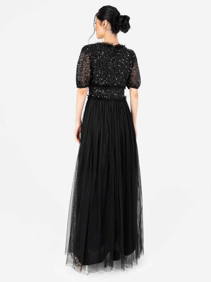 Maya Black Short Sleeve Embellished Maxi Dress With Frill Detail