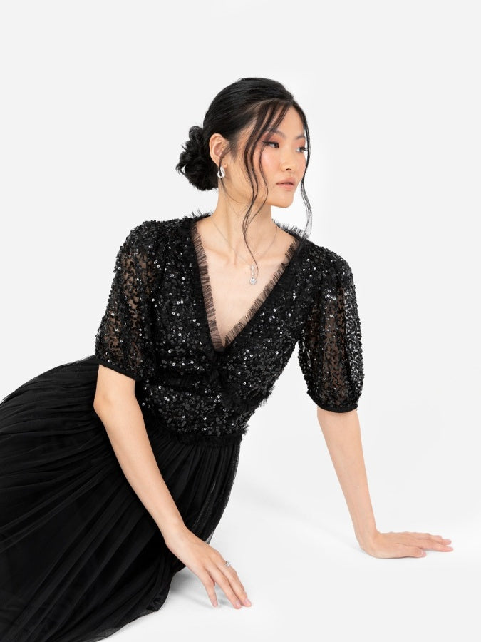 Maya Black Short Sleeve Embellished Maxi Dress With Frill Detail – Maya Deluxe