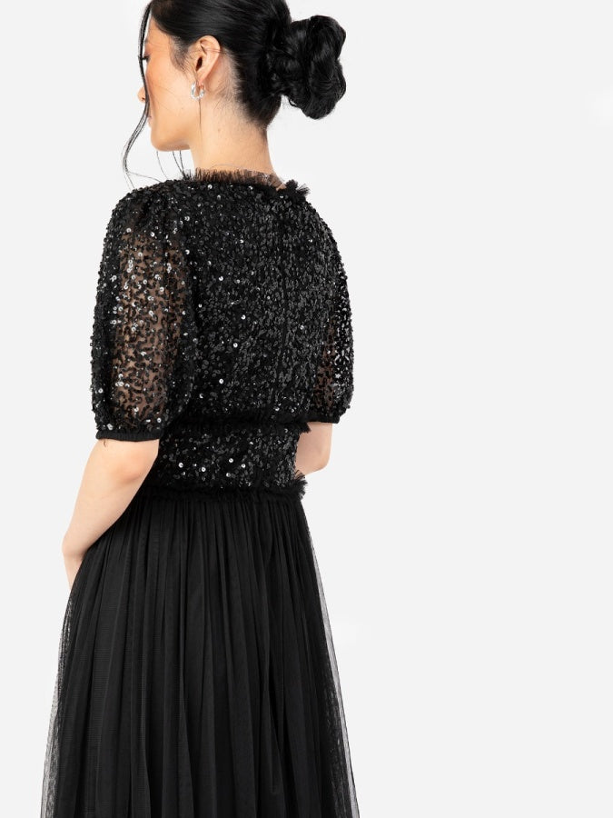Maya Black Short Sleeve Embellished Maxi Dress With Frill Detail