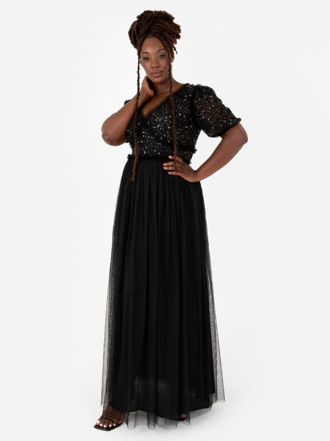 Maya Black Short Sleeve Embellished Maxi Dress With Frill Detail
