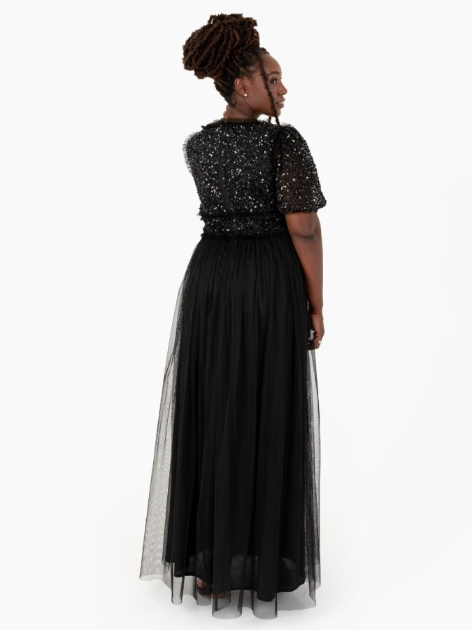 Maya Black Short Sleeve Embellished Maxi Dress With Frill Detail
