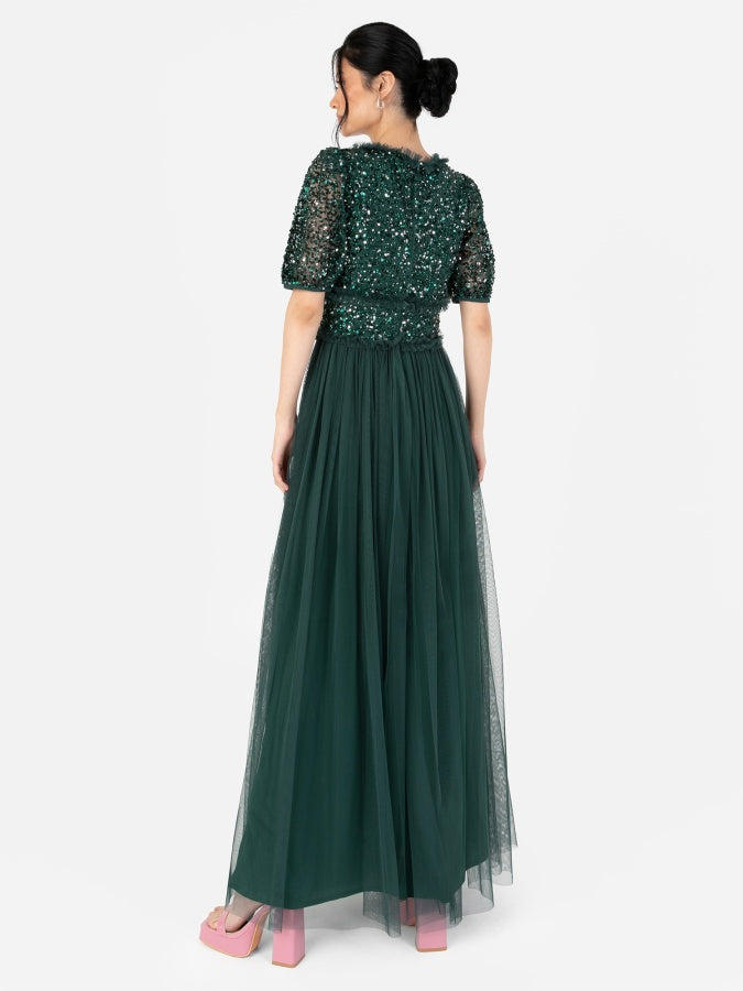 Maya Emerald Green Short Sleeve Embellished Maxi Dress