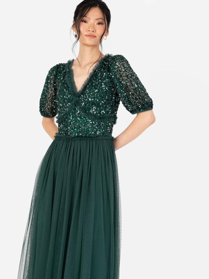 Maya Emerald Green Short Sleeve Embellished Maxi Dress