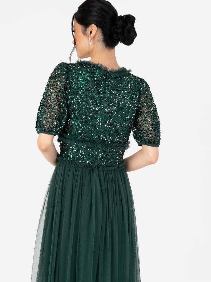 Maya Emerald Green Short Sleeve Embellished Maxi Dress