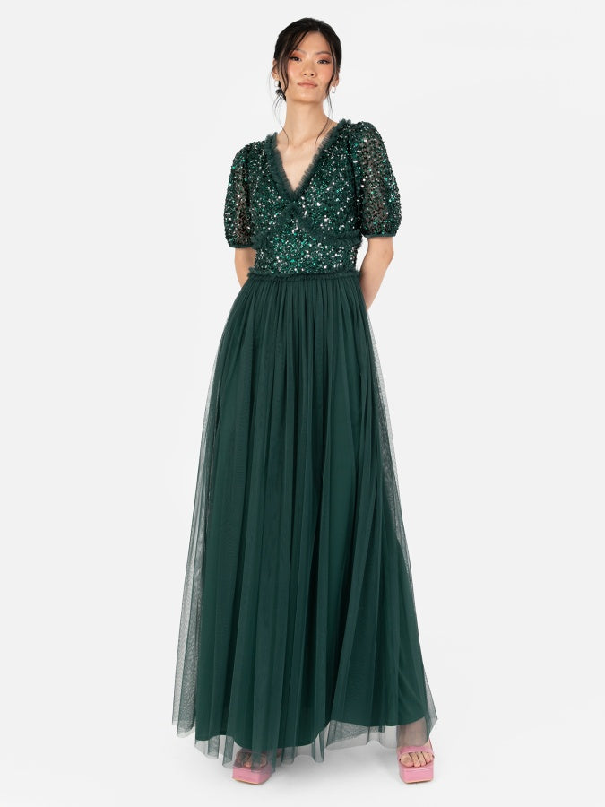 Maya Emerald Green Short Sleeve Embellished Maxi Dress