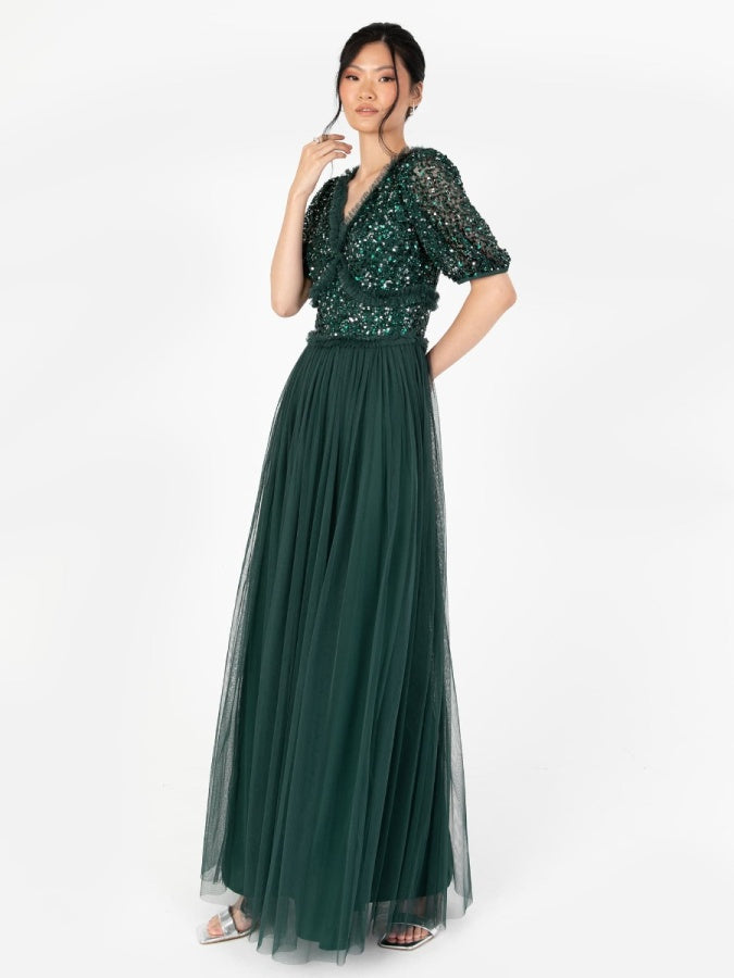 Maya Emerald Green Short Sleeve Embellished Maxi Dress