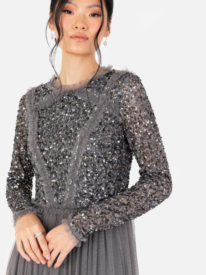 Maya Charcoal Long Sleeve Embellished Maxi Dress with Frill Detail