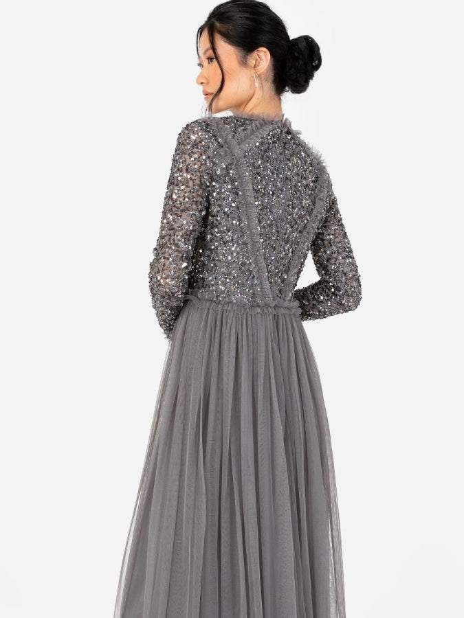 Maya Charcoal Long Sleeve Embellished Maxi Dress with Frill Detail