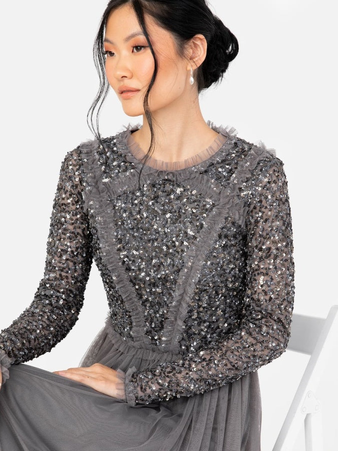 Maya Charcoal Long Sleeve Embellished Maxi Dress with Frill Detail
