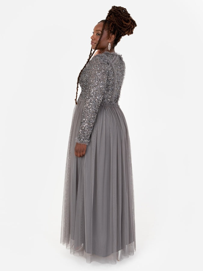 Maya Charcoal Long Sleeve Embellished Maxi Dress with Frill Detail