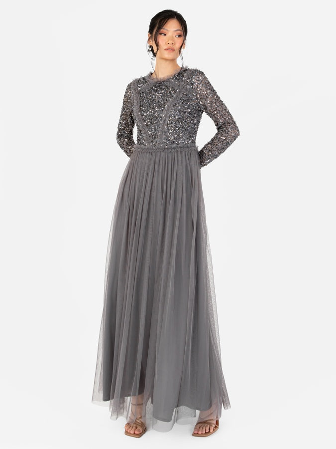 Maya Charcoal Long Sleeve Embellished Maxi Dress with Frill Detail