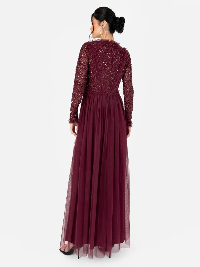Maya Red Long Sleeve Embellished Maxi Dress