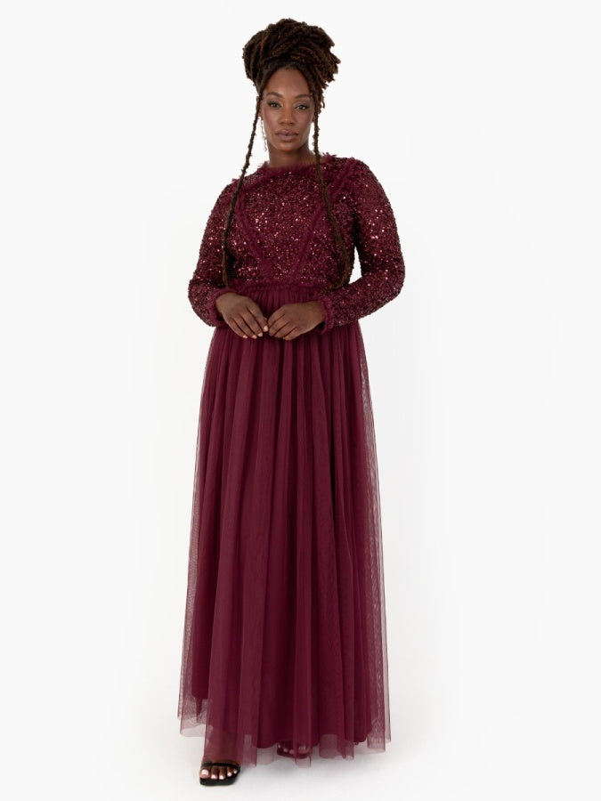 Maya Red Long Sleeve Embellished Maxi Dress