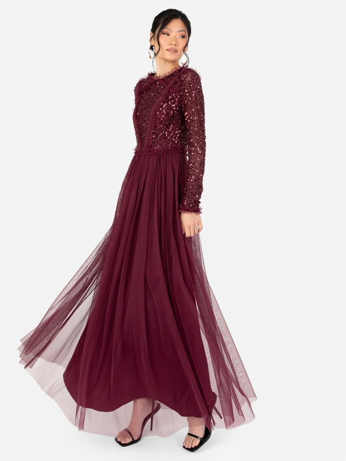 Maya Red Long Sleeve Embellished Maxi Dress