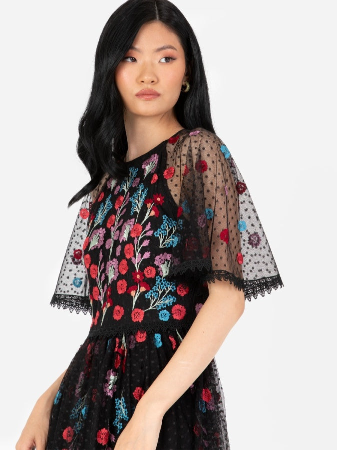 Maya Black Floral Embroidered Spot Mesh Maxi Dress