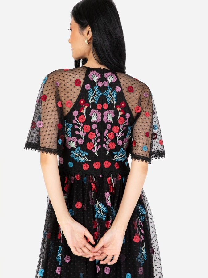 Maya Black Floral Embroidered Spot Mesh Maxi Dress