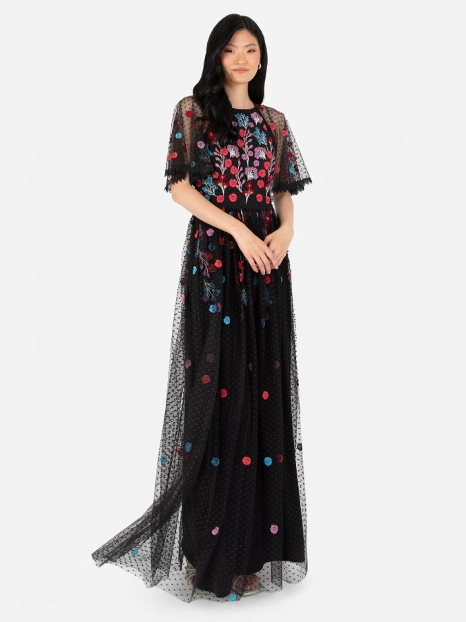 Maya Black Floral Embroidered Spot Mesh Maxi Dress