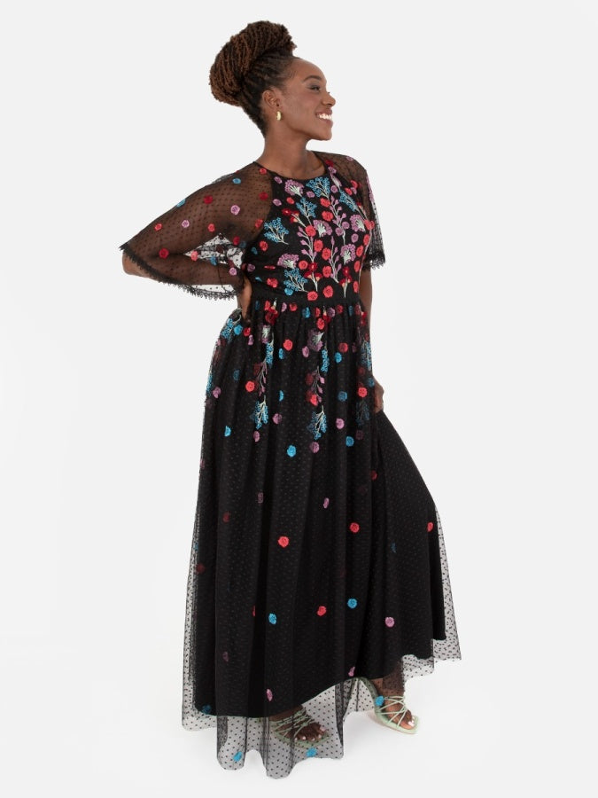 Maya Black Floral Embroidered Spot Mesh Maxi Dress