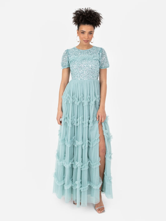 Maya Blue Embellished Ruffle Maxi Dress