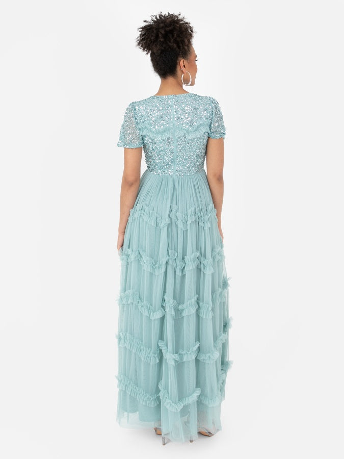 Maya Blue Embellished Ruffle Maxi Dress