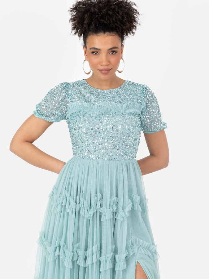 Maya Blue Embellished Ruffle Maxi Dress