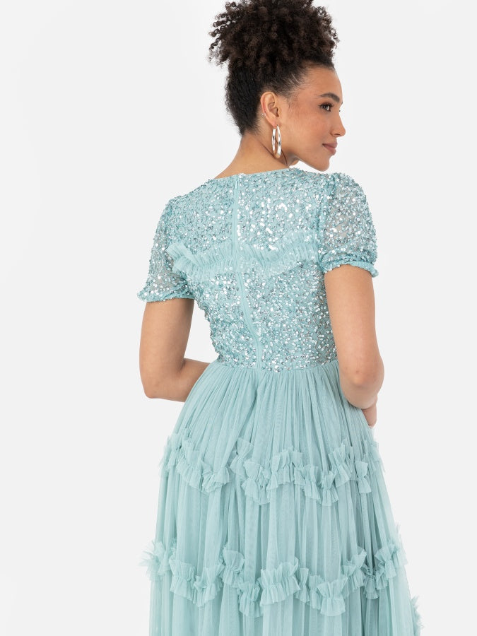 Maya Blue Embellished Ruffle Maxi Dress
