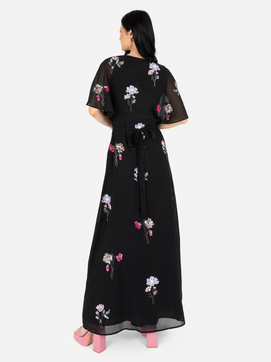 Maya Black Floral Embellished Wrap Maxi Dress