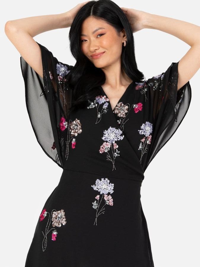 Maya Black Floral Embellished Wrap Maxi Dress