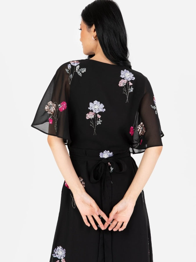 Maya Black Floral Embellished Wrap Maxi Dress