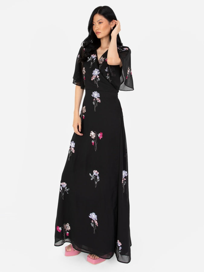 Maya Black Floral Embellished Wrap Maxi Dress